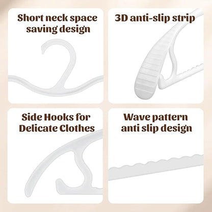 24 Pack Upgraded Short Neck Vertical Space Saver Hangers Heavy Duty Wide Shoulder Clothes Hangers Built-in Dual Hooks Wave Pattern Non-Slip Plastic Hangers for Coats Suits Dresses Pants - White