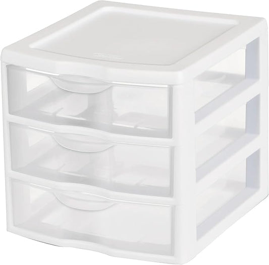 Small 3-Drawer Organizer Unit, Clear Plastic Stackable Drawers for Countertop or Desktop, White