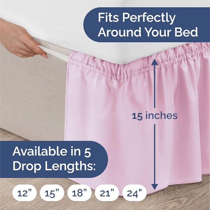 Wrap Around Dust Ruffle Bed Skirt - Light Pink - for Queen Size Beds with 15 Inch Drop - Elastic Strap - Adjustable Pleated Bedskirt with Brushed Fabric and Wrinkle Free - For Women, Men, Kids & Teens