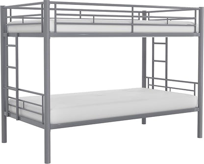 VECELO Bunk Bed Twin Over Twin, Metal Bunkbeds with Ladder and Full-Length Guardrail, No Box Spring Needed, Space Saving, Noise Free, Grey