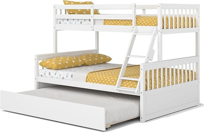 Giantex Twin Over Full Bunk Bed with Trundle, Convertible Platform Bed Frame with Ladder, Solid Wood Frame & Safety High Guardrails, Space-Saving Bunk Bed for Teens & Kids, No Box Spring Needed, White
