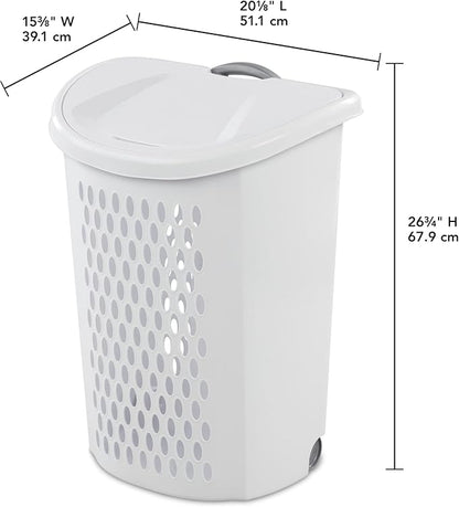 (2 Pack) Ultra Wheeled Hamper - White Plastic Laundry Hamper with Retractable Handle & Smooth Wheels, 2 Bushel Capacity for Dorms/Apartments/Family