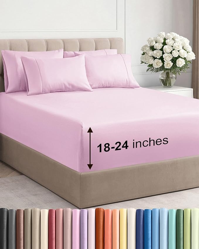 Extra Deep Queen Sheet Set - 6 Piece Breathable & Cooling Sheets - Hotel Luxury Bed Sheets Set - Easy & Secure Fit - Soft, Wrinkle Free & Comfy Sheets Set - Light Pink Sheet Set w/Extra Deep Pockets