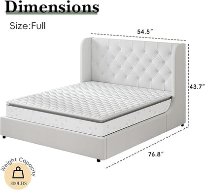 HOMBCK Full Size Bed Frame, White Upholstered Platform Bed Frame with Headboard, Velvet Tufted, Curved Wingback Design, Wooden Slats, No Box Spring, Noise Free, Easy Assembly