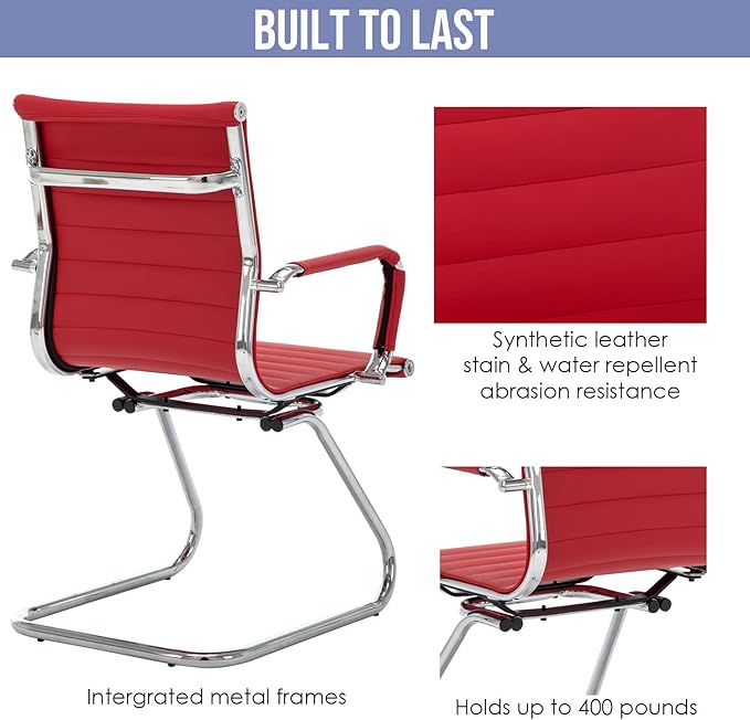 Wahson Office Guest Chairs Set of 6, Leather Reception Chairs, Mid Back Waiting Room Chair, Conference Chairs with Sled Base, Desk Chair No Wheels for Meeting/Lobby/Restroom, Dark Red
