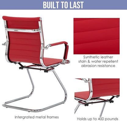 Wahson Office Guest Chairs Set of 10, Leather Reception Chairs, Mid Back Waiting Room Chair, Conference Chairs with Sled Base, Desk Chair No Wheels for Meeting/Lobby/Restroom, Dark Red