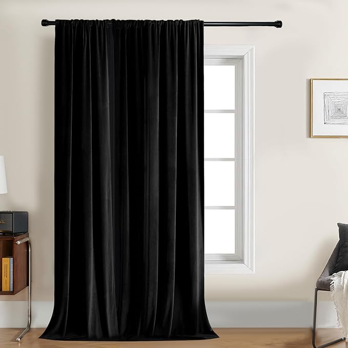 Joydeco Velvet Curtains 90 inch 1 Panel, Long Luxury Black Blackout Thermal Insulated Rod Pocket Window Curtains, Super Soft Room Darkening Drapes for Living Room Bedroom, W100 x L90 Inch, Black
