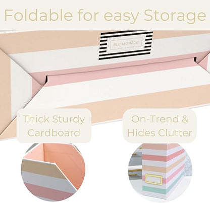 BLU MONACO Set of 4 Foldable Magazine Holders in Pastel Stripes | Cardboard Vertical File Organizer Boxes with Gold Label Holders | Stylish Paper Organizer for Desk, Office & Classroom