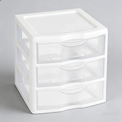 Small 3-Drawer Organizer Unit, Clear Plastic Stackable Drawers for Countertop or Desktop, White