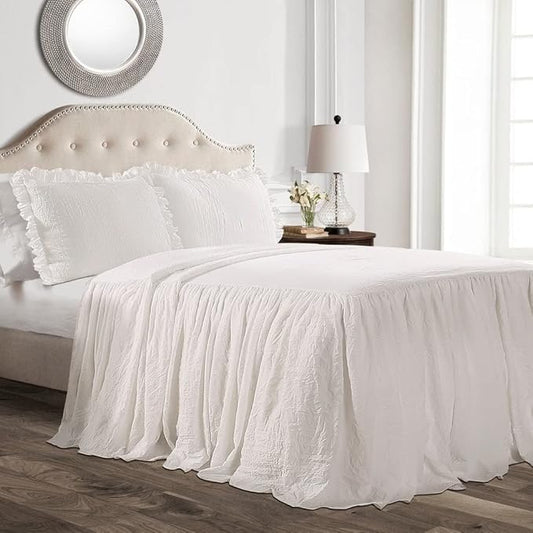 Lush Decor Ruffle Skirt Bedspread Set - 3-Piece Luxurious Farmhouse Bedding - Elegant Ruffle Detail - Timeless Style - Soft Lightweight Sheets - King, White