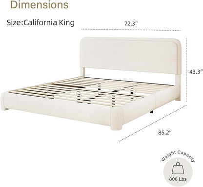 BarnFurin Boucle Upholstered California King Bed Frame/Soft Rounded Corners Headboard/Low Profile Bed Frame/No Box Spring Needed/Cream