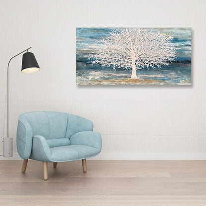 White Tree Canvas Wall Art Large Teal Blue Decor Textured Painting Print with Gold Foil Framed Artwork for Living Room Bedroom(24W*48L