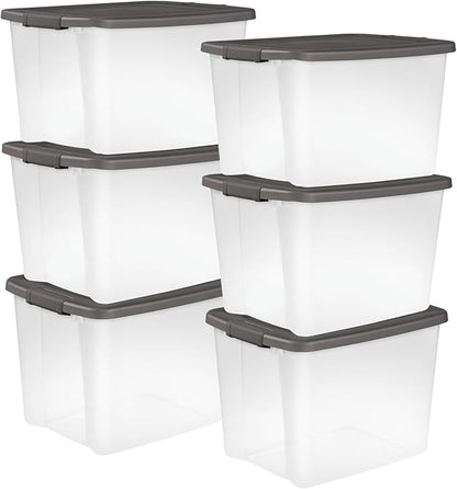 Sterilite 6-Pack ShelfTote, Clear Plastic Storage Bins with Lids, 50 Quart, Gray - Stackable Organizing Container Boxes for Closet, Bathroom, and Office