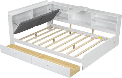 Ball & Cast Full Size Wooden Storage Daybed Frame, Modern Platform Bed with Drawers & Flip Headboard & Shelves, L Shaped Full Floor-Bed w/Upholstered Headboard&Storage, No Box Spring Needed, White