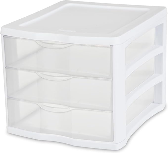 Sterilite 4-Pack 3 Drawer Unit, Plastic Desktop Organizer with Clear Drawers, White Frame - Stackable Multi-Purpose Storage for Office Supplies, Craft Rooms, Classrooms and Home Organization