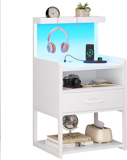 VIAGDO Nightstand Set of 2 with Charging Station and LED Lights, White Night Stand with Drawer, Modern End Side Table with Open Storage Shelves, Bedside Tables for Bedroom, Office