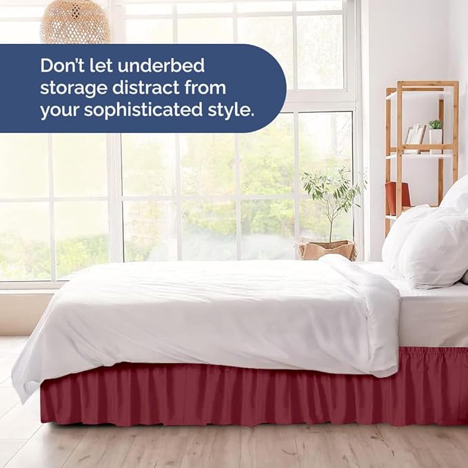 Wrap Around Dust Ruffle Bed Skirt - Burgundy - for King Size Beds with 12 Inch Drop - Easy Fit Elastic Strap - Adjustable Pleated Bedskirt w/Brushed Fabric Wrinkle Free - for Women, Men, Kids & Teens