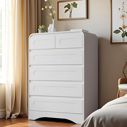 Dresser for Bedroom with 6 Drawers, 44" Tall Modern Dressers & Chest of Drawers with Curved Profile Design, Wood Closet Clothes Storage Dressers Organizer for Bedroom Living Room Hallway, White