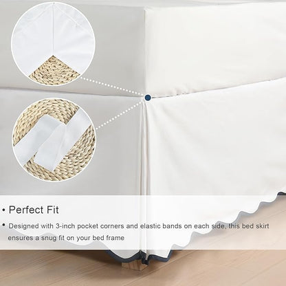 HIG Off White Chic Queen Bed Skirt - Easy Fit Scallop Edge Pleated Bedskirts, 14 Inch Drop Anti-Slip Dust Ruffle, Thick Fabric for Enhanced Privacy, Pre-Washed for Long-Lasting Use(N60022)
