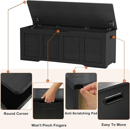 47.2" Storage Chest, Extra Large Storage Trunk with 2 Safety Hinges, Wooden Storage Bench, Shoe Bench, Entryway Bench for Living Room, Bedroom, Black