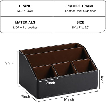 MEIBOOCH PU Leather Desk Organizer, Luxury Remote Control Holder for Home, Office Desk Accessories Table Caddy Bedside Nightstand Organizer (Black)