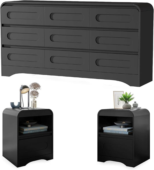 9 Drawer Dresser and Nightstand Sets for Bedroom, 3 Piece Bedroom Set, Wood 9 Drawer Dresser & Night Stand Set of 2, Large Chest of Drawers Modern Storage Cabinet Bedroom Furniture Set, Black