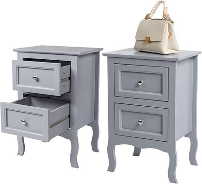 Bonnlo Gray Nightstand Set of 2, Nightstands with 2 Drawers, Bed Side Table/Night Stand, Small Nightstand for Bedroom, Small Spaces, College Dorm, Kids’ Room, Living Room, Wood, 16W x 12D x 24H, Grey