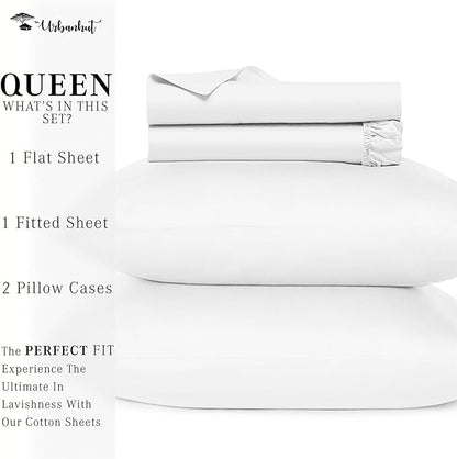 URBANHUT 800 Thread Count 100% Cotton Queen Size Sheets, Luxury 4 Piece Queen Bedsheets, Hotel Sheets Sateen Finish - Better Than Egyptian, 16" Elasticized Deep Pocket - White