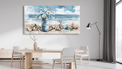 yearainn Coastal Canvas Wall Art - Rustic Jar Flowers Pictures Wall Decor Seashells Seaside Painting Artwork Ocean Landscape Prints for Living Room Bedroom Office Home Decor Ready to Hang 48" x 24"