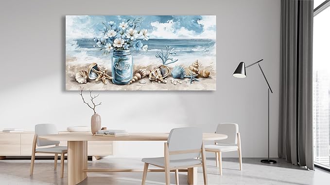 yearainn Coastal Canvas Wall Art - Rustic Jar Flowers Pictures Wall Decor Seashells Seaside Painting Artwork Ocean Landscape Prints for Living Room Bedroom Office Home Decor Ready to Hang 58" x 29"