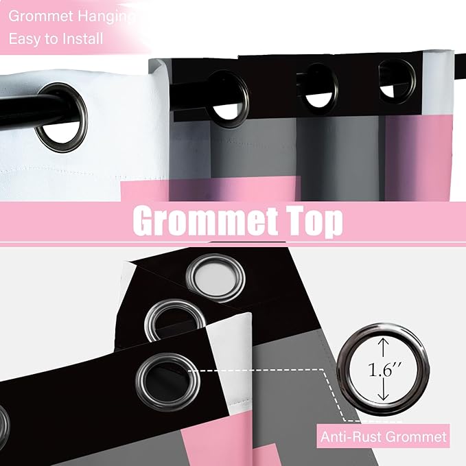 Pink 100% Blackout Curtains for Bedroom 63 inch Length 2 Panels Set Grey Modern Abstract Geometric Black Out Curtains Insulated Room Darkening Window Drapes for Girls Living Room, 42Wx63L