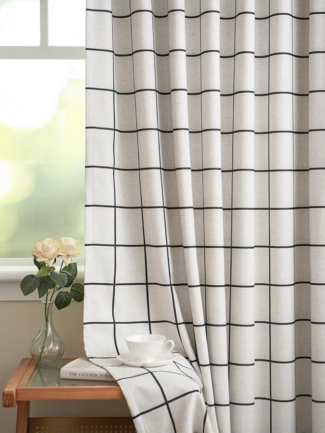 Plaid Pinch Pleated Curtains - Modern Luxury Linen Buffalo Blackout Drapes, Thermal Insulated Double Layer Window Panels for Living Room Bedroom, 84 Inches Long Black 2 Panels Set