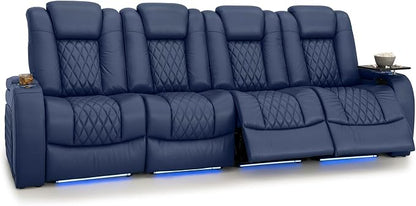 Seatcraft Diamante Zero-Gravity CoolZero Italian Leather Home Theater Seating, Power Headrest, Power Recline, Row of 4 Sofa, Navy Blue