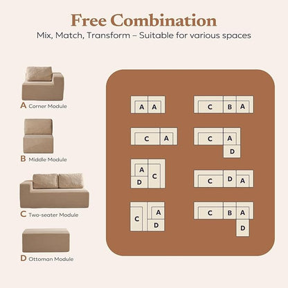 30" Modular Upholstered Foam Couch, Upholstered Floor Sofa Couch with Pillow, Bean Bag Chair for Bedroom Living Room, No Assembly Required (Camel, Teddy Boucle)