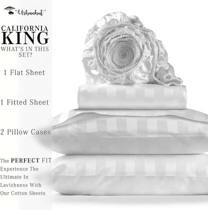 URBANHUT 800 Thread Count 100% Cotton Damask California King Size Sheets Set, 4 Piece Striped Cal King Size Bedsheets, Luxury Hotel Sheets Sateen Weave, 16" Elasticized Deep Pocket- White