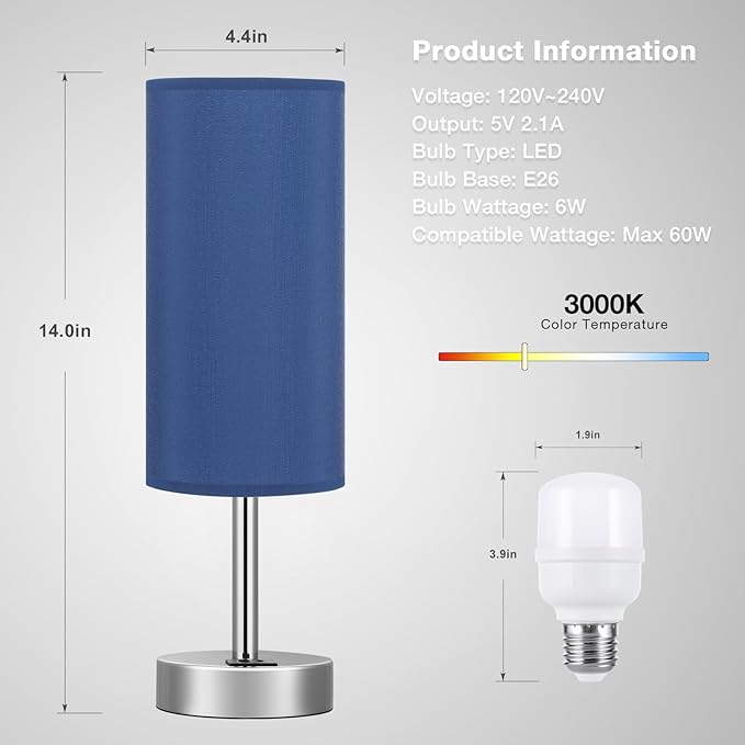Navy Blue Touch Lamp for Boys - Small Nightstand Lamp with USB-C and USB Charging Ports, 3 Way Dimmable Bedside Table Lamp with Fabric Shade Silver Base for Nursery, Dorm, Office, Reading