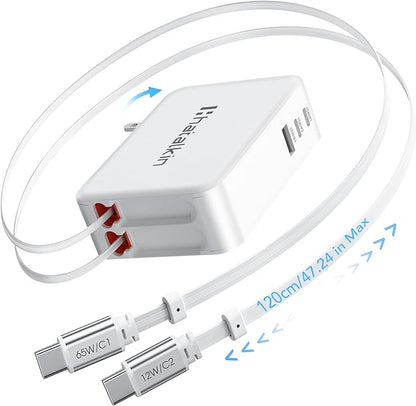 65W for MacBook Pro Charger,5-in-1 Retractable Wall Charger Plug for iPhone 17, Dual 3.94 ft PD USB C Cable&3 Ports, Fast Charging Block for Mac Book Pro/Air, M1 M2 M3 M4, iPad Pro,Galaxy,Pixel