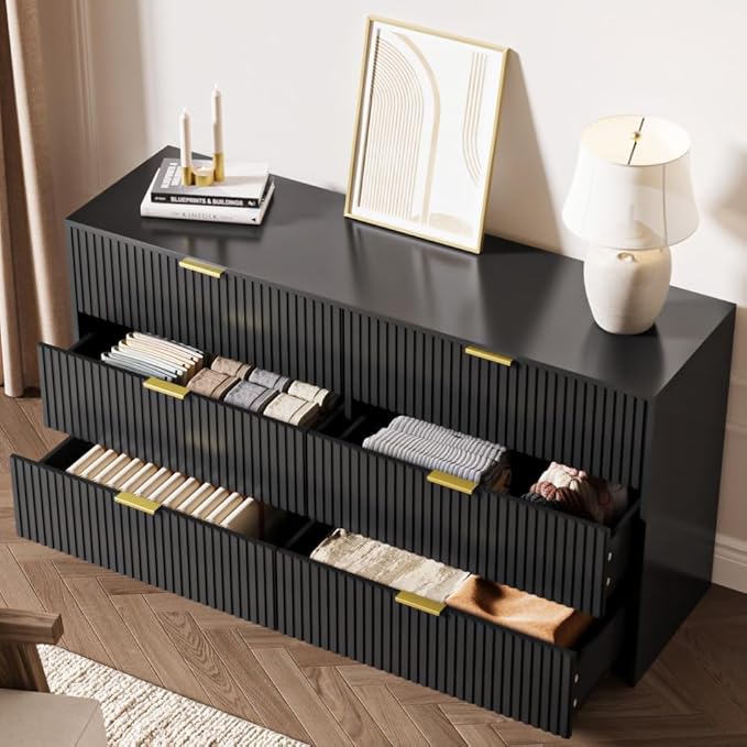 3-Piece Dresser Bedroom Set, 6 Drawer Dresser & 2 Drawer Nightstands with Gold Handles, Fluted Wood Chest of Drawers for Bedroom, Living Room, Entryway, Black