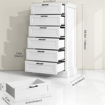 White 6 Drawer Dresser, 55 Inch Tall White Dresser for Bedroom, Modern Farmhouse Style Chest of Drawers for Bedroom Living Room, Wood Rustic Tall Clothing Organizer for Closet, Living Room, Hallway