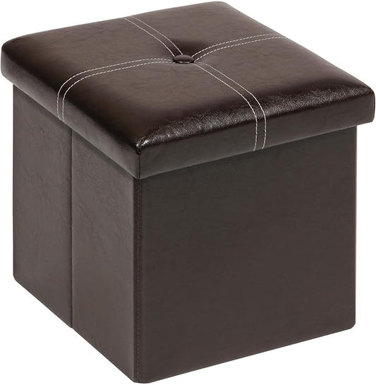 B FSOBEIIALEO Folding Storage Ottoman Cube, Faux Leather Footrest Seat Coffee Table, Brown 11.8"x11.8"x11.8"