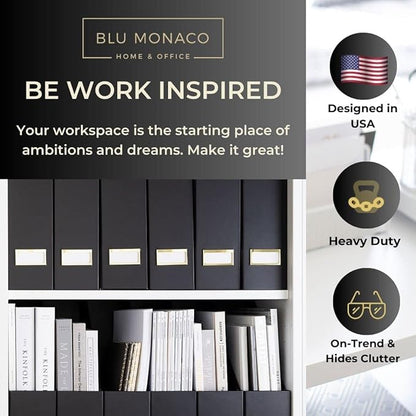 BLU MONACO Declutter in Style - Set of 6 Black Foldable Magazine File Holders with Gold Label Holders - Cardboard Magazine Storage Box & Desk Organizer for Workspace and Shelves