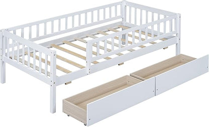 Bellemave Twin Bed Frames with Rails for Kids, Twin daybed Frame with Drawers for Boys/Girls/Adults，White