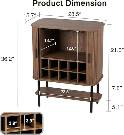 Coffee Bar Cabinet with Storage, Fluted Wine Cabinet with Sliding Doors, Glass Holder and Wine Rack, Buffet Sideboard Liquor Cabinet for Kitchen, Dining Room, Living Room, Walnut