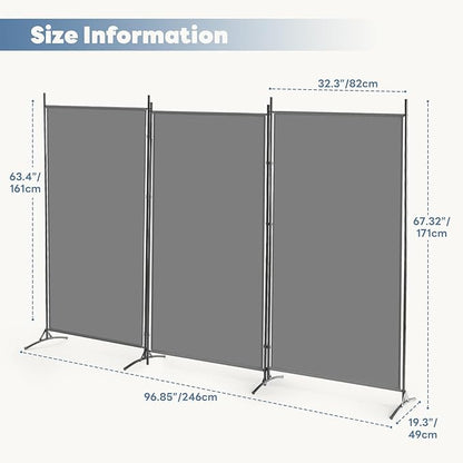 DUMOS 3 Panel Partition Room Divider, 6 Ft Tall Folding Privacy Screen, Freestanding Partition with Steel Frame, Easy Move & Storage, for Home, Office, Bedroom, Grey