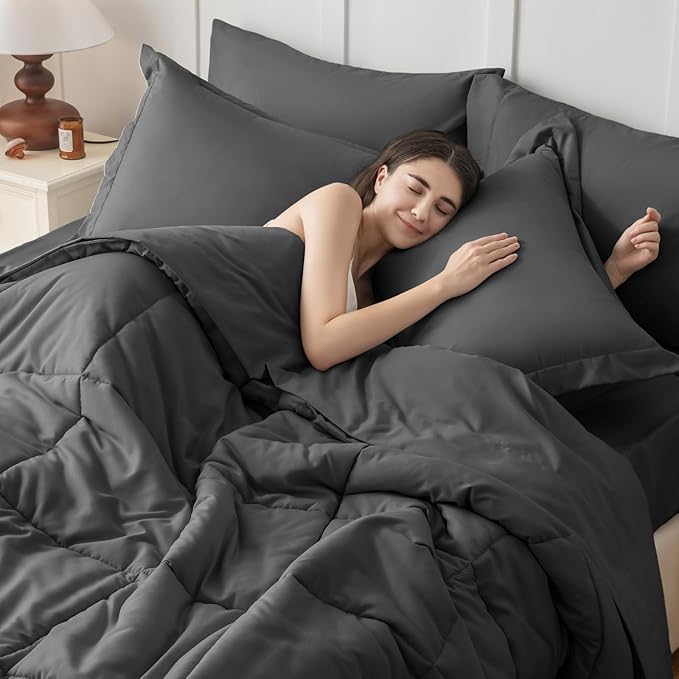 JOLLYVOGUE Twin XL Comforter Set, Ultra-Soft Bed in a Bag Twin XL Size 5 Pieces, Oeko-TEX Certified Bedding Set with Down Alternative Comforter, Sheets, Pillowcases & Shams, Dark Grey