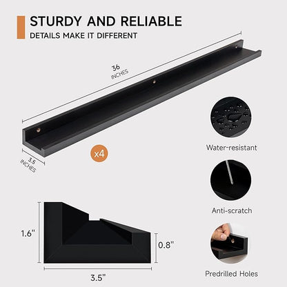 Fun Memories Picture Ledge Shelf for Wall, Floating Shelves Set of 4, 36 Inch Long Nursery Book Shelves for Toys Storage, Kids Bookshelf Wall Mounted for Books Photo Frames, Black