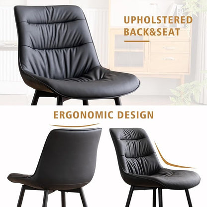 Kidol & Shellder Dining Chairs Set of 2, Modern Upholstered PU Leather Kitchen Side Chairs with Comfortable Back - Mid-Century Armless Chair for Dining Living Room Bedrooms, with Metal Legs (Black)