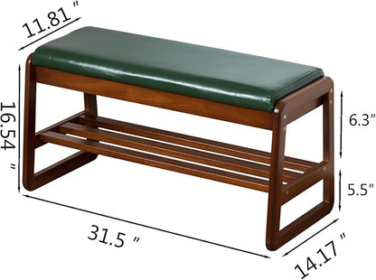 Solid Wood Shoe Bench, 2-Tier Entryway Bench with Cushion and Flip-Open Storage Box, Mid-Century Modern Shoe Bench Rack for Hallway, Mudroom(Green, 31.5'')