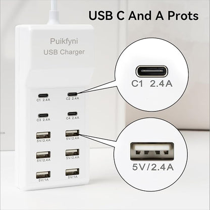 Puikfyni Portable USB C Charging Station,4 -C- Ports, USB Charging hub 10-Ports/USB c Charger Block for Multiple Devices Phones Tablet Smartwatch Headphones Speakers (USB-4C+6A)