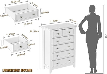 Tall Dresser for Bedroom, White 6 Drawers Dresser, Farmhouse Dresser for Bedroom，Storage Drawers Cabinet for Living Room, Home Office